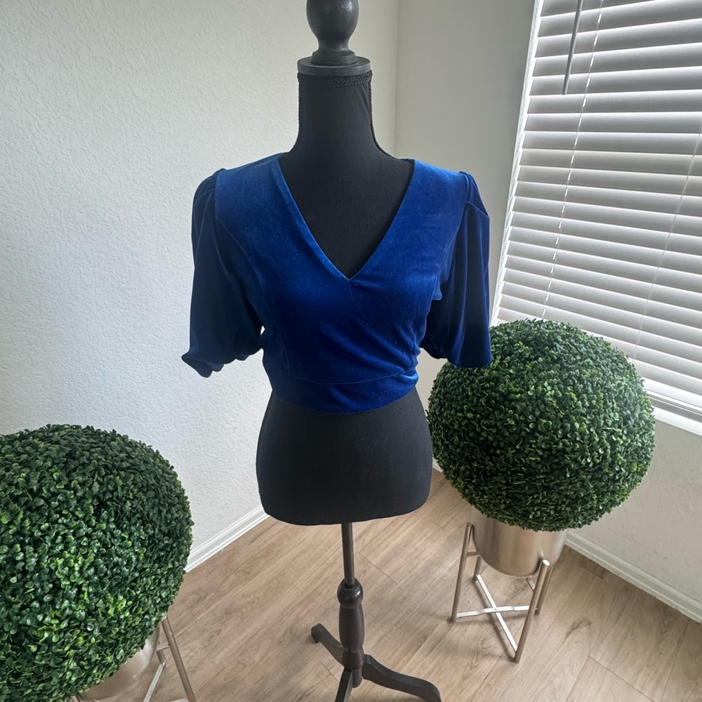 Chic Royal Blue Velvet V-Neck Cropped Blouse